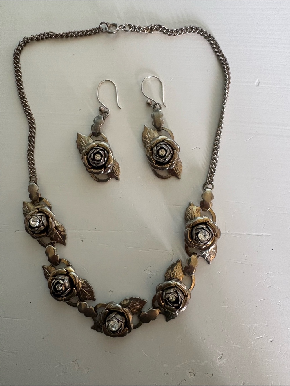 Vintage Silver—Tone 3D Rose Crystal Rhinestone set of necklace and earrings